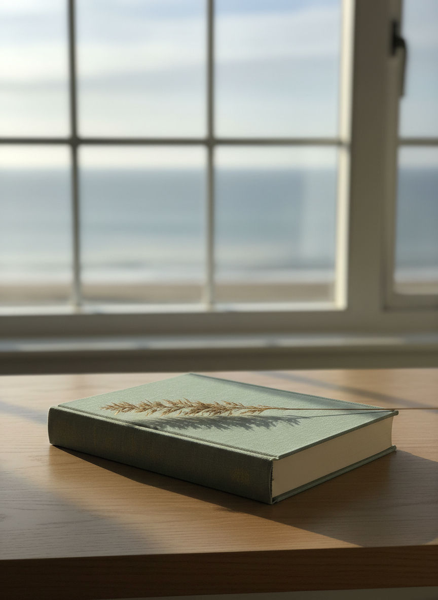 A hardback novel with an understated linen cover in muted sea-glass green, lying open on a pale oak desk near a large window. A single sprig of coastal grass rests across the pages, its fine blades catching the light. Beyond, an out-of-focus glimpse of a distant shoreline through the glass suggests open water and sky. Soft morning coastal light pours in, creating gentle, elongated shadows and a feeling of spaciousness. Photographic realism with a minimalist composition, shot at a slightly elevated angle with shallow depth of field, evokes quiet thoughtfulness and the sense that these are books for those seeking another way to live.