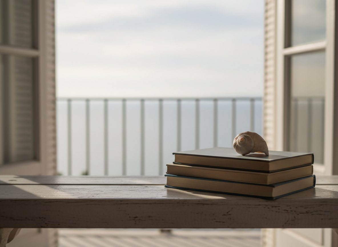 A small stack of thoughtfully worn novels, each with soft, matte covers in tones of slate, sand, and faded indigo, arranged on a whitewashed wooden bench near an open balcony door. On top, a single shell with a subtle spiral pattern and weathered edges rests as a quiet, organic accent. Beyond, the suggestion of a distant horizon line separates pale sea from hazy sky. Early evening light streams in horizontally, casting long, delicate shadows and emphasizing the textures of paper and wood. Photographic realism with a rule-of-thirds composition and shallow depth of field creates a mood of reflective calm and sophisticated simplicity.