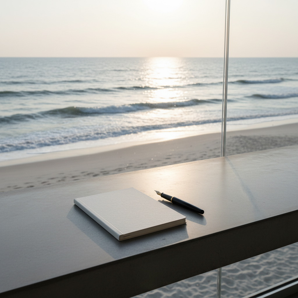 A minimalist writing space overlooking a calm, silver-blue sea, captured in photographic realism. A slim, closed notebook with an off-white textured cover sits centered on a smooth concrete ledge, a fine black fountain pen resting precisely along its spine. Through a frameless glass barrier, waves fold softly onto a pale sand beach, blurred just enough to keep the focus on the notebook. Late afternoon natural light reflects off the water, bathing the scene in a soft, contemplative glow. Shot at eye level with a wide composition, the atmosphere feels spacious, sophisticated, and introspective, like the threshold where everyday life gives way to new ways of thinking.