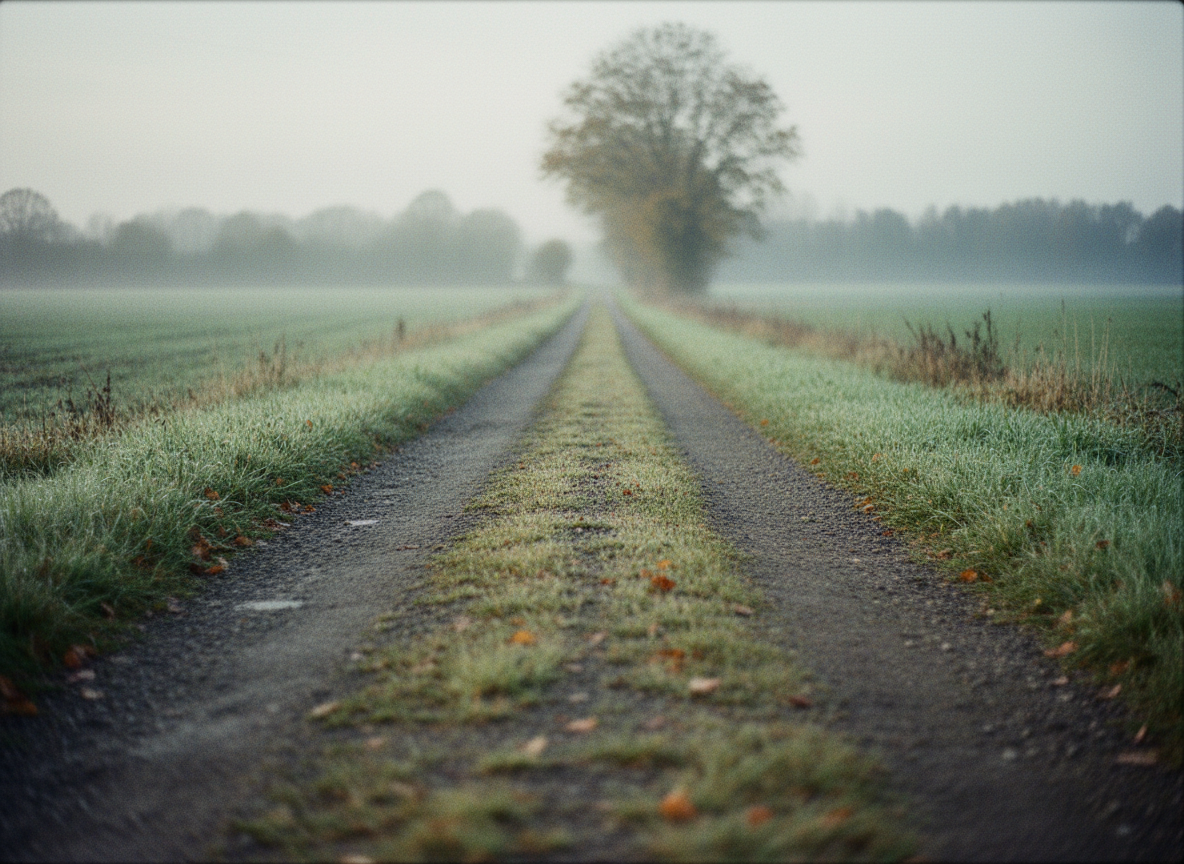 A narrow country lane in soft autumn morning light