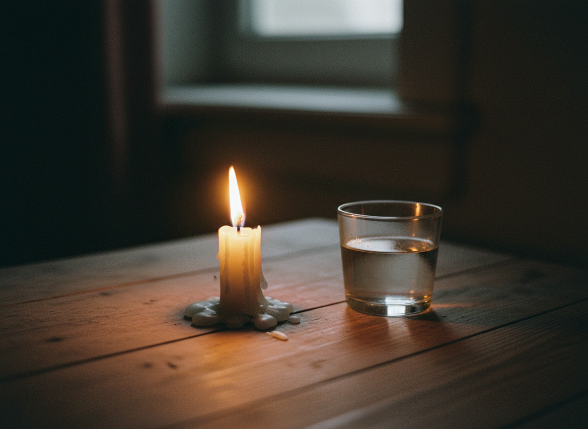 A single candle burning on a plain wooden table